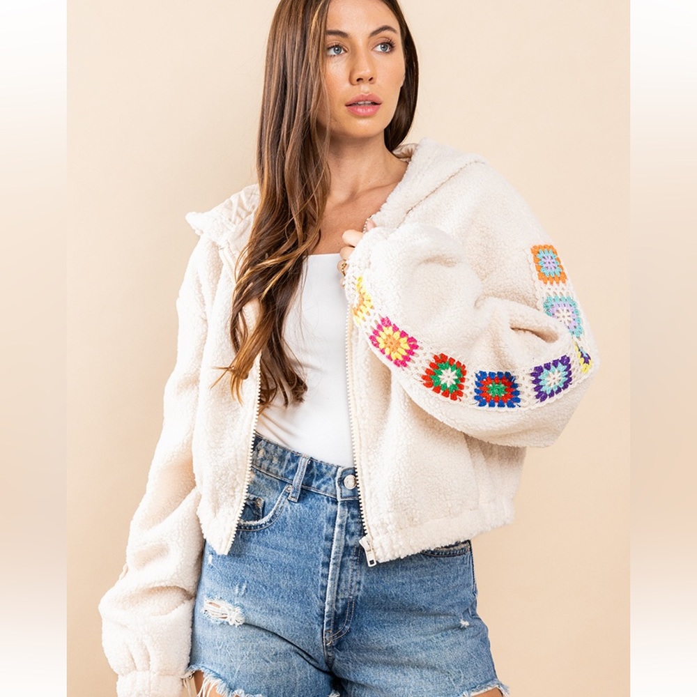 ShopEvelynne Cream Sherpa Zip Jacket with Multicolor Crochet Accents